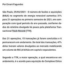 TTR: nmero de fuses e aquisies no setor de energia renovvel cresce 31% no 1sem21